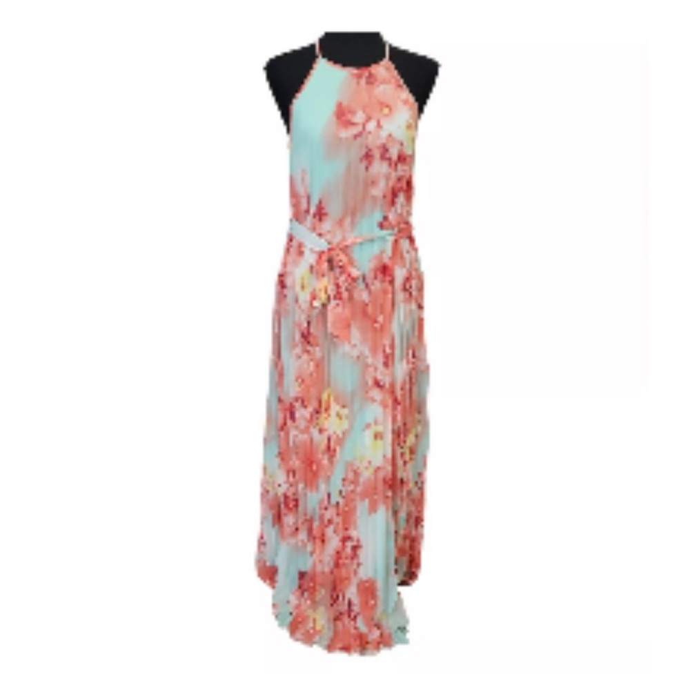 B Darlin Aqua Coral pleated maxi dress